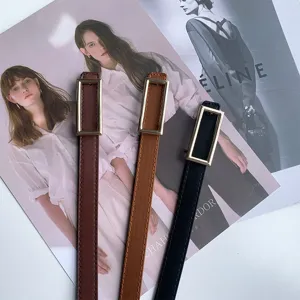 Slim women leather belt with metallic rectangular buckle minimalist style for jeans casual outfits