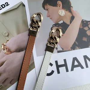 Women thin leather belt with metal chain link design elegant dress waist strap accessory