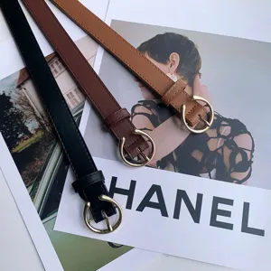 Women thin PU leather belt stylish metal round buckle simple casual jeans belt fashion accessories