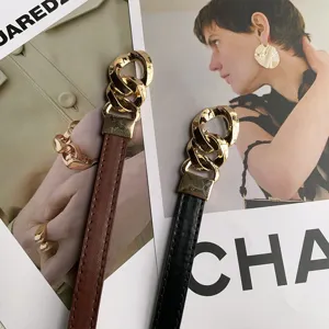 Women thin leather belt stylish metal chain buckle dress waist strap black brown accessory