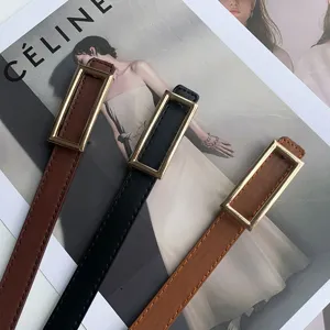 Women thin leather belt with rectangular gold metal buckle, stylish casual waist accessory.