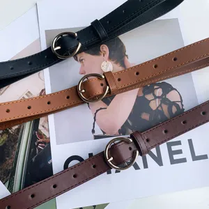 Women casual thin belt simple leather belt round buckle fashion adjustable waist strap