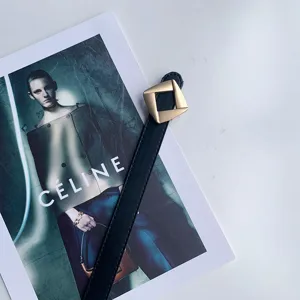 Women black leather belt with stylish geometric gold rhombus buckle detail display