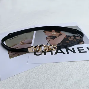 Women thin black leather dress belt with stylish gold chain link buckle for chic waist styling.