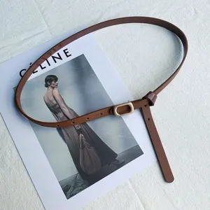 Women's thin brown leather belt with metal buckle and stylish knot design for casual daily wear.