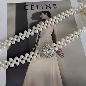 Elegant pearl waist belt with rhinestone buckle elastic stretch vintage dress chain accessory