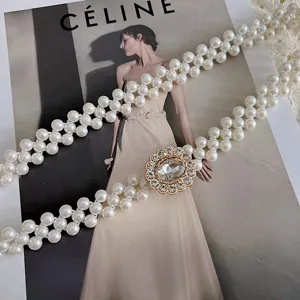 Elegant pearl waist chain with rhinestone flower buckle, elastic waist belt for dress.