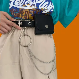 Punk style waist belt with small pouch and metal chain, trendy streetwear accessory for jeans.