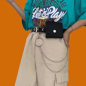 Punk style waist bag chain belt with metal ring and double trousers chain for women fashion.
