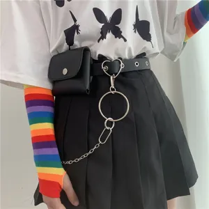 Punk style women waist belt featuring a mini pouch and metal chain detail close up.