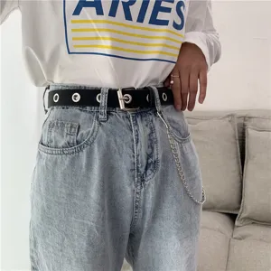 Women punk style grommet belt with metal chain fashion waist belt for daily wear.
