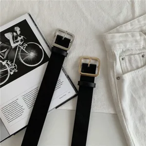 Classic women black belt with stylish square metal buckle versatile fashion accessory