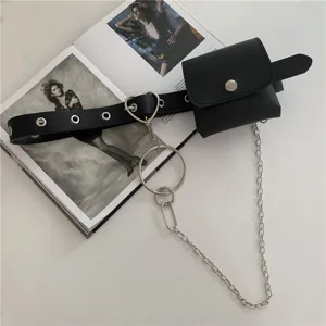 Punk style women's waist belt with small pouch and metal chain, versatile fashion accessory.