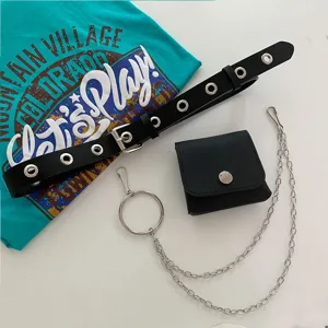 Punk style grommet belt with detachable pouch and metal chain, versatile fashion accessory.