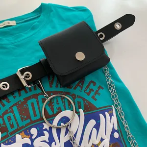 Punk style black leather mini waist bag with metal chain and grommet belt decor.
