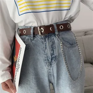 Women punk style brown leather grommet belt with metal chain fashion waist accessory new