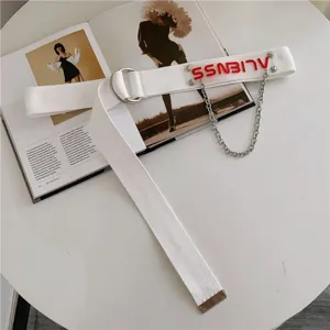 Korean style white canvas belt featuring metal D-rings, chain and clear acrylic tag detail.