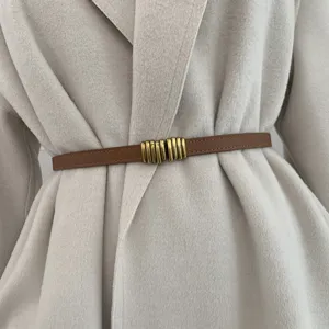 Primo piano dettagliato di sottile cintura in pelle marrone vintage con fibbia decorativa dorata