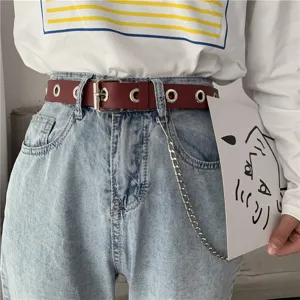 Women punk style grommet belt with chain fashion eyelet leather waist belt for jeans