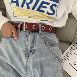 Women punk style grommet leather belt with metal chain and eyelets detail view fashion accessory