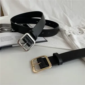 Women Black Leather Belt Square Buckle Fashion Waistband Casual Dress Pants Belt Accs