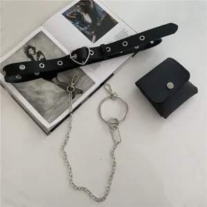 Punk style women black PU leather belt with small pouch and metal chain waist accessory.