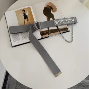 Canvas belt double ring buckle metal chain streetwear fashion casual accessory gray belt