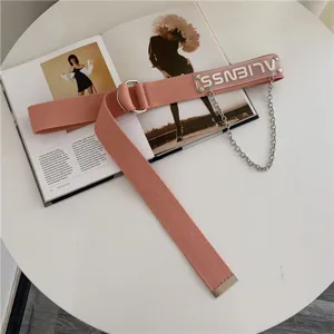Women pink canvas belt with double ring buckle and stylish metal chain hiphop accessory.