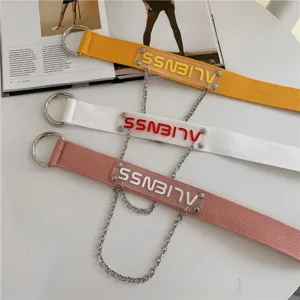 Korean ins style canvas belt with metal double ring buckle and chain pendant multi-color