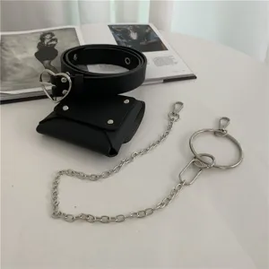 Punk style women black leather belt with heart buckle, detachable waist bag and metal chain.