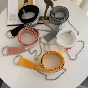 Korean ins style canvas belt for women featuring metal chain and double ring buckle, casual fashion.