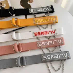 Korean style canvas belt with double ring buckle and metal chain, casual waist belt for women.