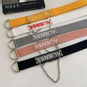 Detailed close-up view of stylish canvas belt featuring double metal rings and hanging chain.