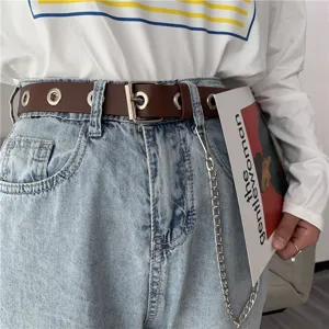 Women fashion brown leather belt with metal eyelets and chain punk style jeans accessory