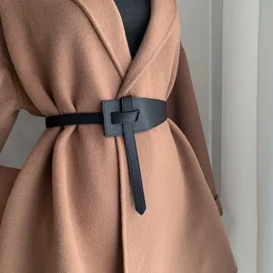 Women stylish black faux leather knot waist belt for coat retro slimming cincher