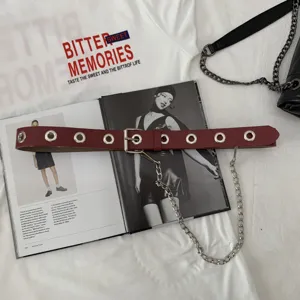 Red leather grommet belt with metal chain punk style women fashion waist accessory