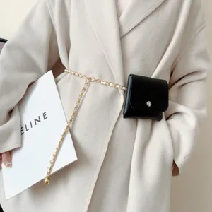 Women fashion metal chain belt with mini black pouch elegant chic waist chain accessory