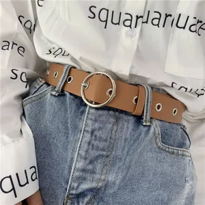 Women stylish brown leather belt with round metal buckle fashion jeans trouser accessory