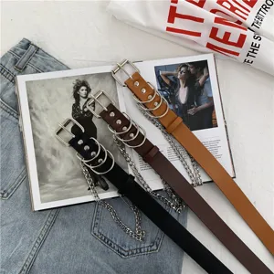 Punk style chain leather belt for women, retro multi-ring waist belt with chains for jeans.