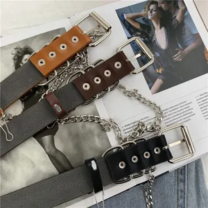 Punk style multi-layer metal chain leather belt detailed view, stylish women retro jeans accessory.