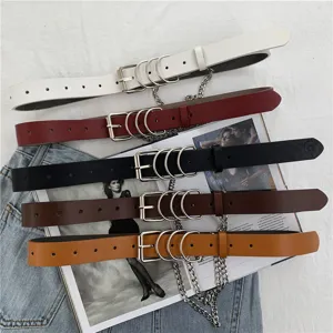 Women Punk Style Faux Leather Belt With Metal Chain O-Ring Retro Casual Jeans Waist Band Fashion Decorative Belt