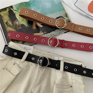 Women leather belt with metal ring and eyelets trendy casual trousers decorative belt