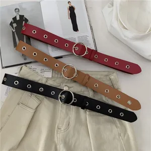 Women PU leather belt stylish metal round buckle multi-eyelet casual decorative waist belt