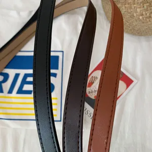 Skinny leather belt detail, slim strap close-up, versatile casual belt for daily wear.