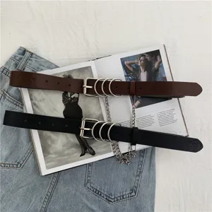 Punk leather belt with metal rings and chain detail, retro style jeans waist accessory for women.