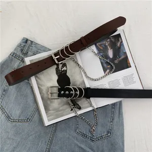 Punk style leather belt with metal rings and chain detail, versatile waist accessory for women.