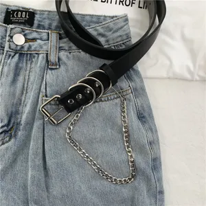 Punk style leather belt for women with metal chain and rings, versatile retro jeans accessory.