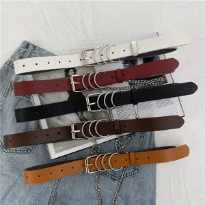 Punk style women leather belt set with multi rings and chain detail, versatile jeans accessory.