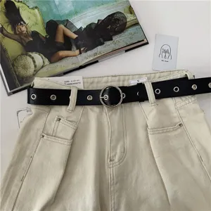 Women fashion black leather belt with round metal buckle stylish casual waist belt for pants