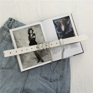Punk style white PU leather waist belt with metal O-rings and chain for women jeans denim fashion